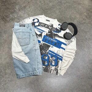 Bare Fox Legendary 3-Peat Greatness Graphic T-Shirt White Blue Mens XL Y2K Boxy